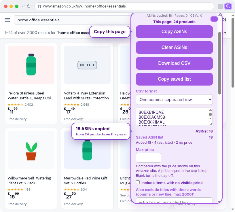 Snap ASIN panel open on a product search page with 18 ASINs copied