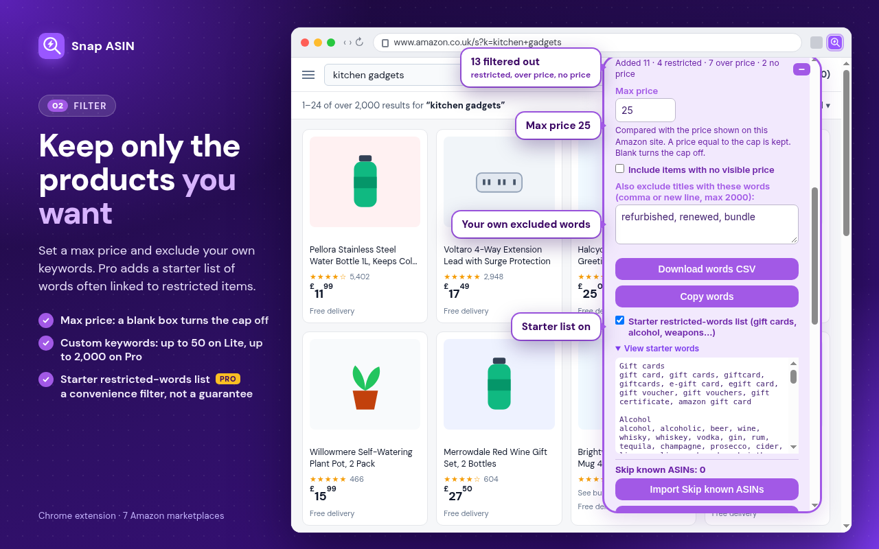 Snap ASIN filters: max price, your own excluded keywords and the starter restricted-words list